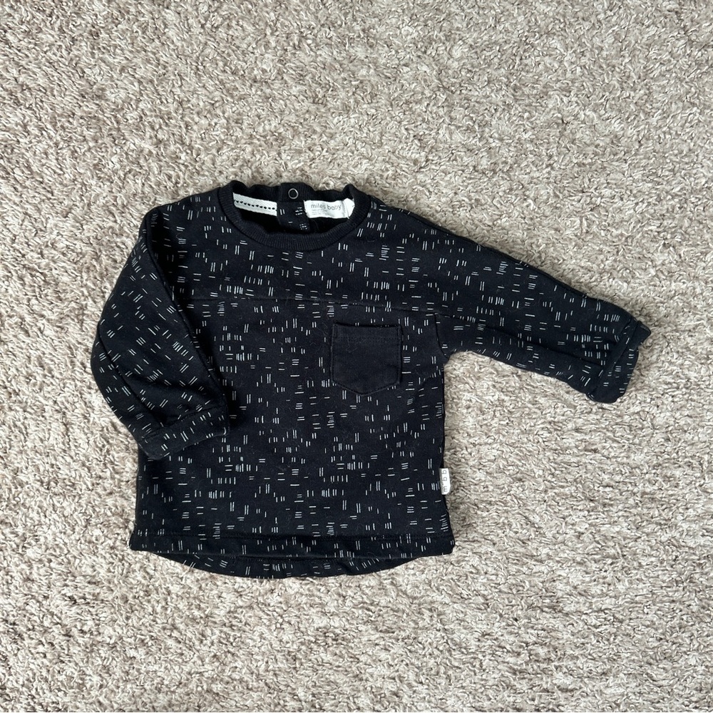 Miles Baby Kids Black White Dash Print Long Sleeve Pocket Tee Shirt 6M